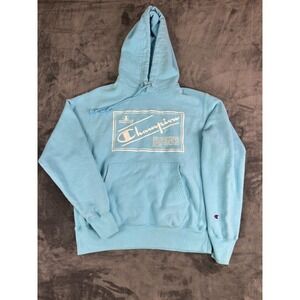VTG Champion Reverse Weave Hoodie Blue Graphic Box Logo Spellout Pullover Medium